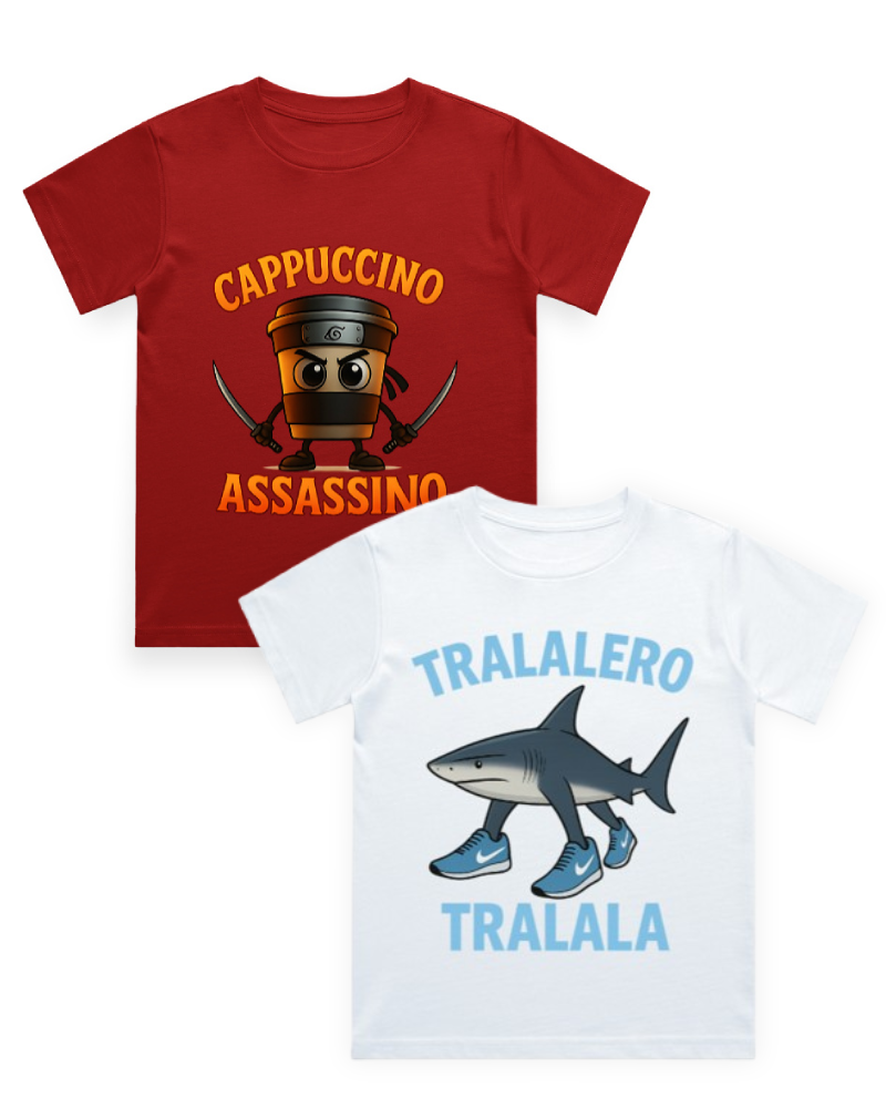 Italian Brainrot Kids T-Shirts Combo Pack of 2 (Taralaero Taralala & Cappuccino Assassino)
