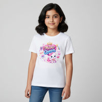 White t-shirt with 'Meow Queen' Y2K design featuring a cat and crown on a white background