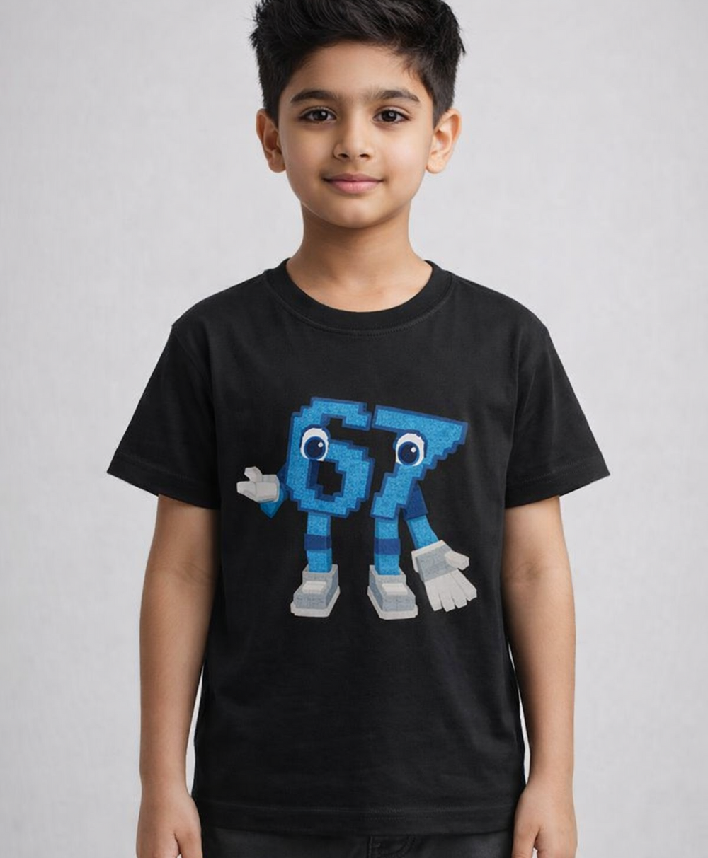 Child wearing a black t-shirt with a blue 'Six Seven' brainrot design on a plain background