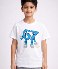 Child wearing a white t-shirt with a Six Seven Brainrot design on a plain background